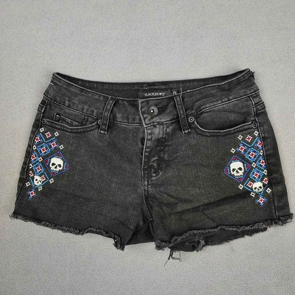 Micro Mini Low Rise Denim Shorts Women‎ 0 Black Punk Rock Cut Offs Skulls Goth